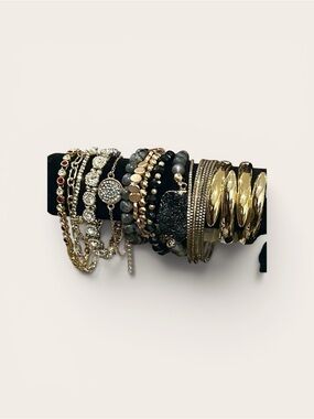 Bohemian Gold Black Beaded Bracelet Stack Set Statement Chunky Bangle